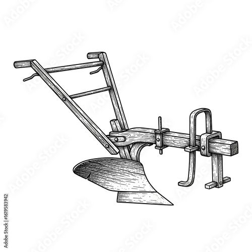 Vintage hand drawn wooden plow illustration isolated on black background suitable for farming agriculture and rustic design projects