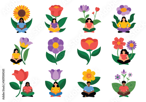 Collection of diverse people meditating within colorful floral arrangements to promote mindfulness and well being