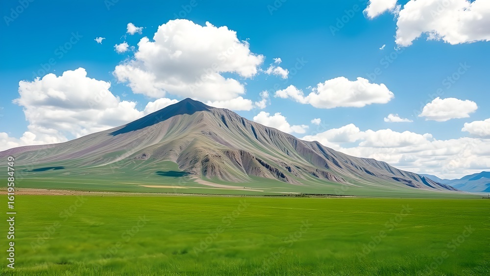 Fototapeta premium Vast green field with a large mountain under blue sky