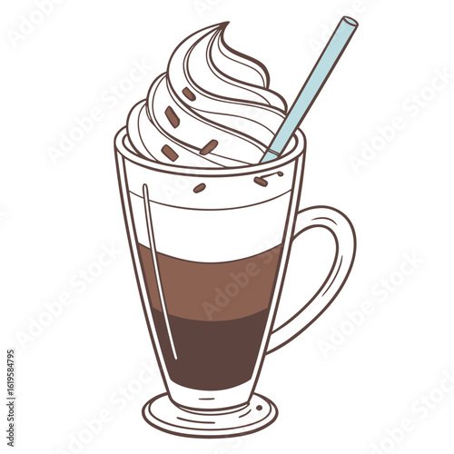 Stylized layered coffee drink with whipped cream and straw beverage