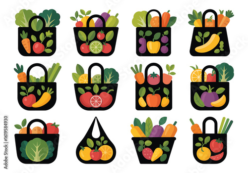 Collection of Reusable Shopping Bags Filled with Fresh Vegetables and Fruits Representing Sustainable Living and Healthy Lifestyle Choices