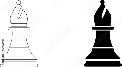 A set of bishop chess piece icons, one as a white outline and the other a black solid silhouette. A concept of strategy, logic, and intellectual competition.