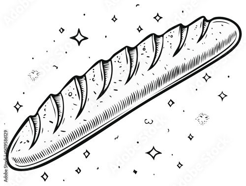 Hand drawn illustration of a crusty baguette with sparkling stars and dots
