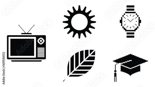 Collection of Pixelated Vector Icons Representing Various Facets of Modern Life Education Technology and Nature