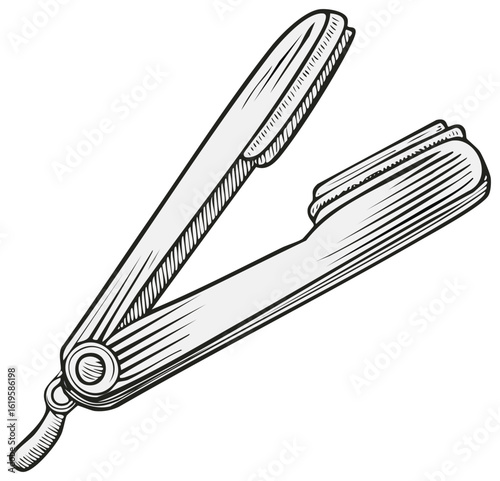 Antique straight razor illustration with open blades and detailed handle