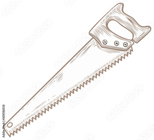 Hand Saw Illustration with Wood Handle and Rivets for Carpentry and Woodworking