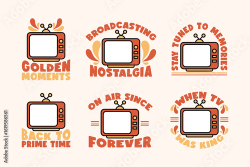 Old-School TV Illustrations with Catchy Typography. Retro TV Quote Badge Set. Vintage Television Nostalgia Graphics