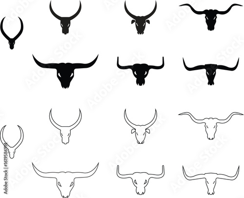 Bull head silhouette icons set flat, outline style, vector buffalo, ox skulls with horn variations, black wild animal symbol for cowboy, rodeo, tribal, Western or logo design on transparent background