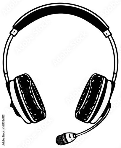 Black and White Headphones Illustration with Microphone for Communication