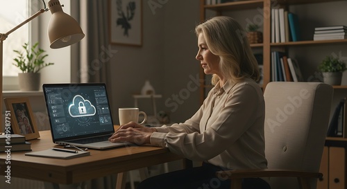 A woman works at a desk with a laptop showing a cloud security graphic in a dimly lit room