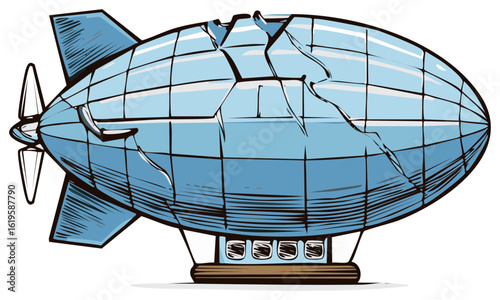 Vintage Airship Illustration Blue Blimp with Propellers and Gondola Sketch Transportation Vehicle Travel