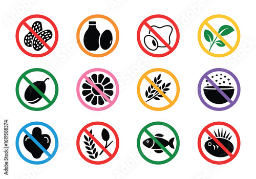 Food allergen vector icons set with stop symbol for dietary restriction and allergy awareness in food industry for consumer safety and information