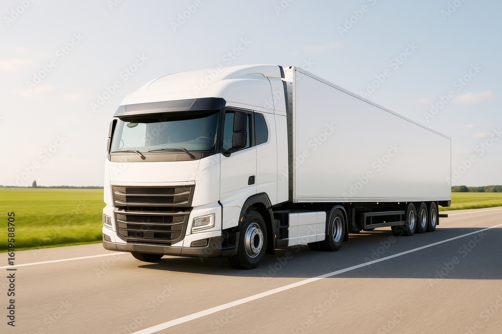 White cargo truck driving on highway with blank trailer for branding or design concept, in daylight with clear sky and countryside background. White cargo truck driving on highway with blank trailer for branding or design concept, in daylight with clear sky and countryside background.