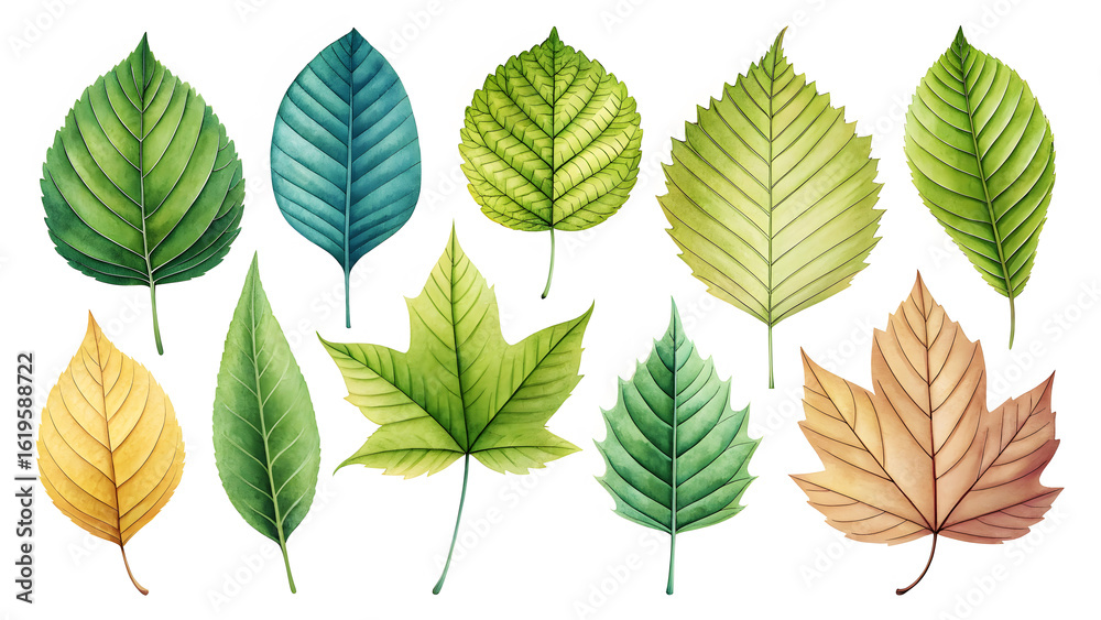 Obraz premium Assorted Watercolor Leaves in Various Green and Yellow Hues