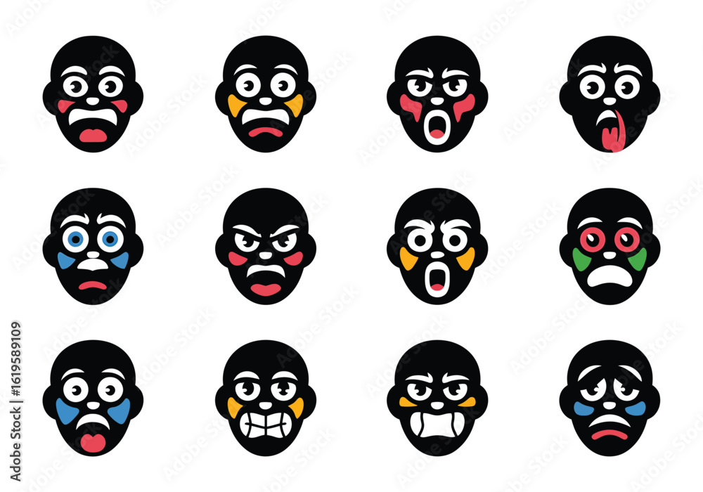 Fototapeta premium Set of Cartoon Emoji Expressions Demonstrating Various Emotions and Feelings Ideal for Digital Communication and Social Media Use in Online Platforms