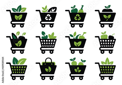 Sustainable shopping carts with green leaves and ecofriendly symbols concept for organic and natural products illustration