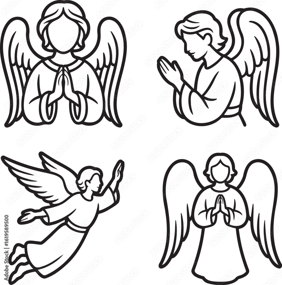 Fototapeta premium Set of Angel Outline vector illustration isolated On Transparent Background