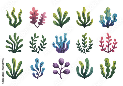 Watercolor Seaweed Set Illustration of Marine Plants for Underwater Decoration or Creative Design Projects and Educational Resources