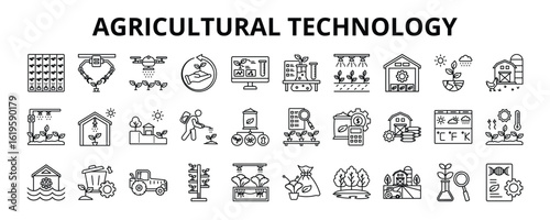 30 Agricultural Technology Line Icons Vector - Agricultural Robotic, Smart Greenhouse, Hydroponic Farming, Smart Farm, Biotechnology 