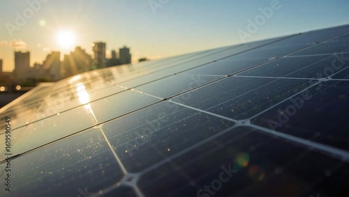 Bifacial. Solar panels close-up with city skyline sunset, renewable en