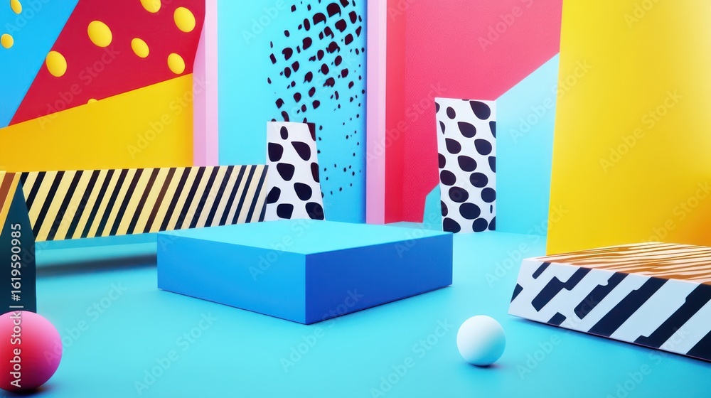 Obraz premium Colorful, abstract, geometric shapes, vibrant, modern, 3d, display, podiums, scene, background, interior, 