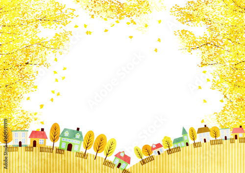 秋、銀杏並木、街並み背景、田舎、イラスト、かわいい、横