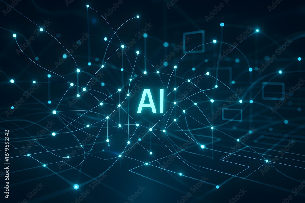 Obraz premium Futuristic Technology Concept with Blue Neon Lines and AI Text on a Dark Background Representing Artificial Intelligence and Data Connections