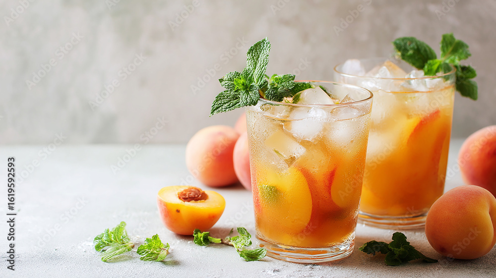 Fototapeta premium Ice peach tea or cocktail with mint and apricots, a recipe for a refreshing summer drink. Two glasses with peach fruit lemonade on light table, detox diet and weight loss concept, menu for restauran