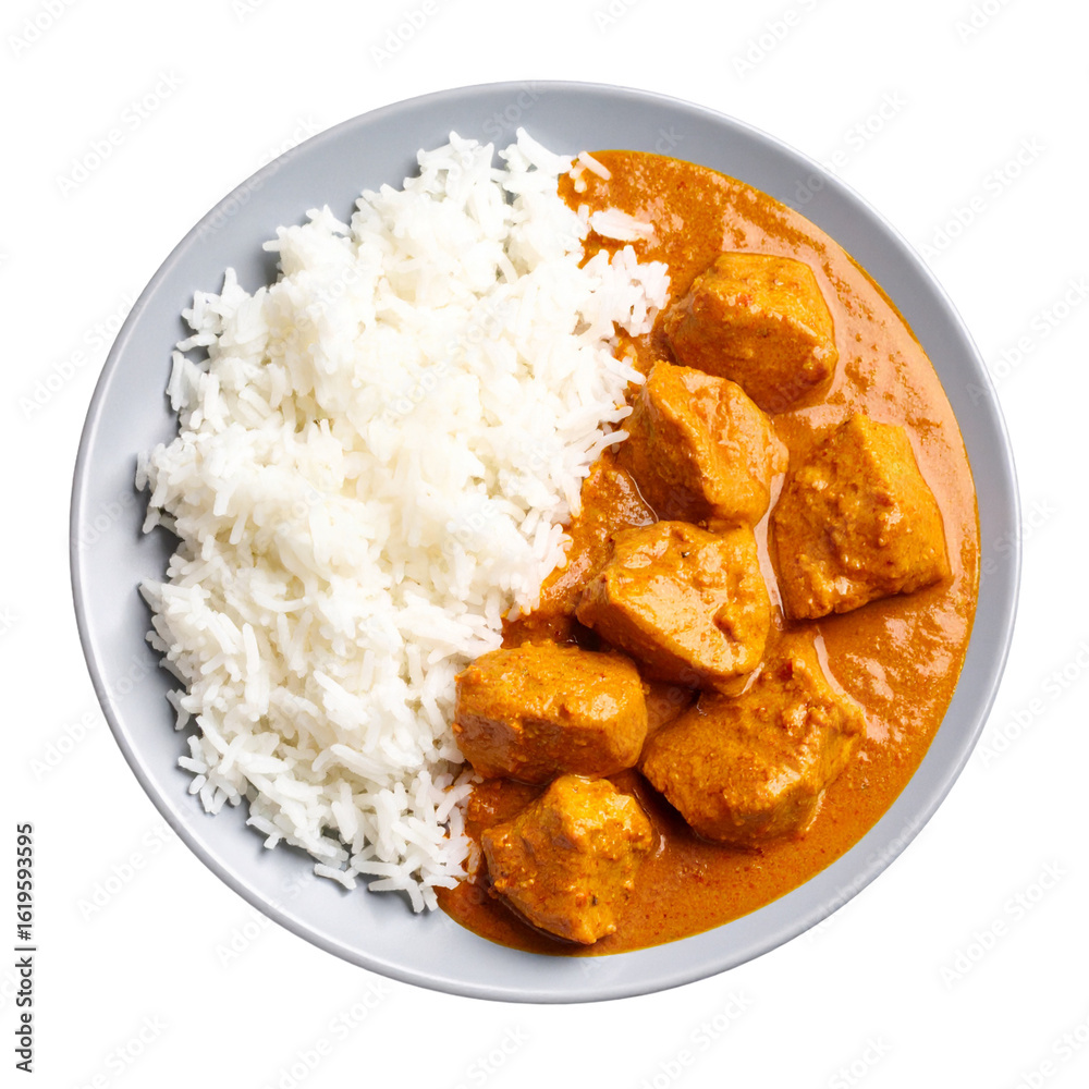 Plate of Indian Chicken Masala Curry and White Rice Isolated on Transparent or White Background. Plate of Indian Chicken Masala Curry and White Rice Isolated on Transparent or White Background.