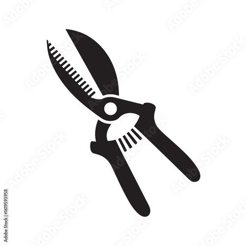 Black garden shears with serrated blades and white pivot pruning cutting