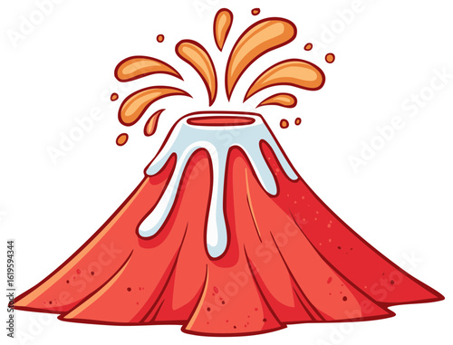 Vibrant Volcano Erupting with Orange Lava and White Snow Cap Cartoon Illustration on White Background