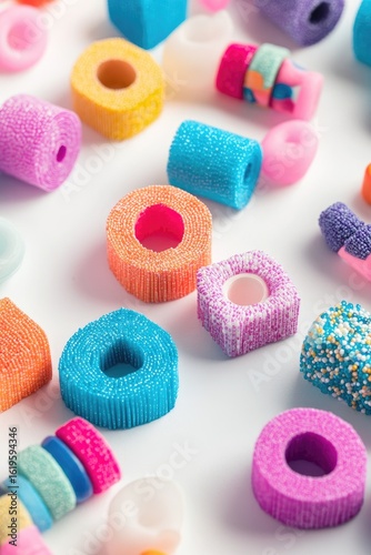 Colorful, textured shapes scattered on white background