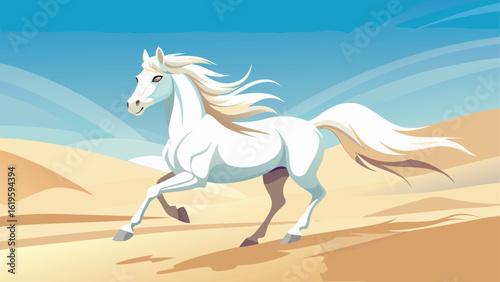 Majestic white horse galloping through a stylized desert landscape