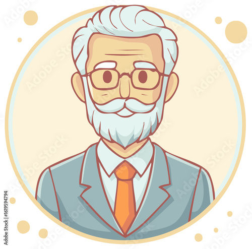 Wise senior man in a suit with a white beard and glasses cartoon portrait avatar