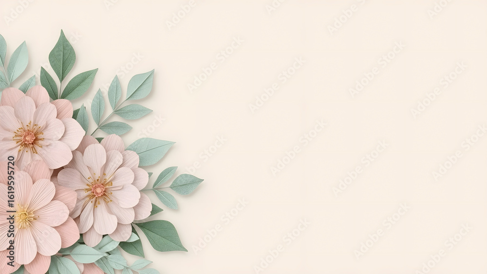 Fototapeta premium Delicate Pink Flowers and Green Leaves Arrangement.