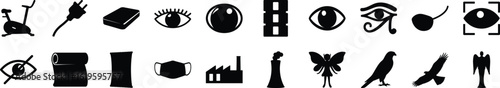 Collection of Mysterious Silhouette Icons pack in Black Horizontal strip of black silhouette icons featuring eyes, objects, symbols, and abstract figures with surreal or eerie themes.

