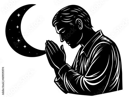 Man Praying Under Crescent Moon – Spiritual Silhouette