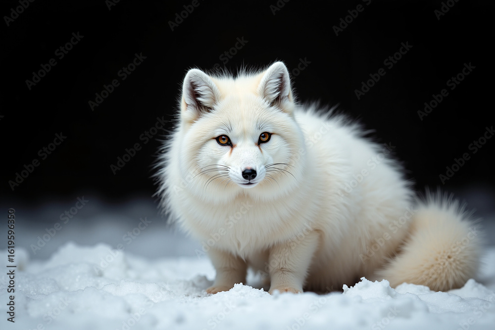 Obraz premium Arctic fox sitting on snow with soft white fur in winter scene 