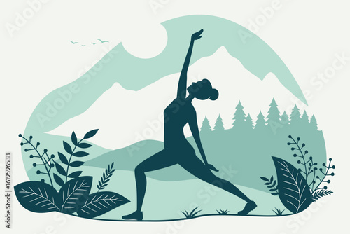 Silhouette woman practicing yoga in serene mountain landscape
