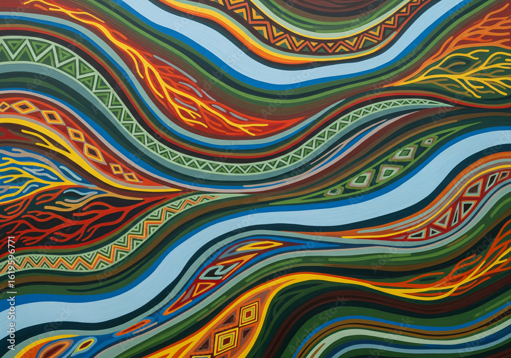 Fototapeta premium Aboriginal River Flow - Vibrant Abstract Painting with Wavy Patterns and Indigenous Cultural Motifs