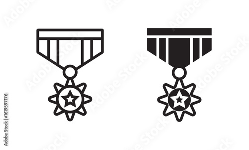 Military medal icon in black and colored style.Military honor medal icon in black and white outline style

