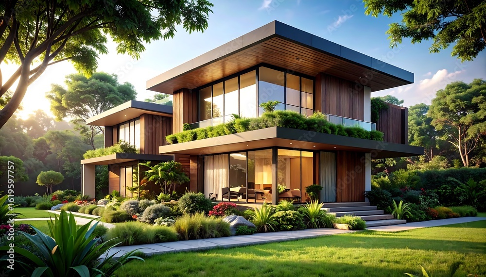 Fototapeta premium Modern two-story house nestled in lush landscaping