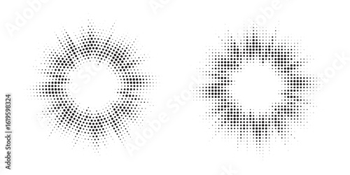 Halftone circle frame background set. Round border Icon using halftone random circle. Grunge circular stain. Vector illustration.