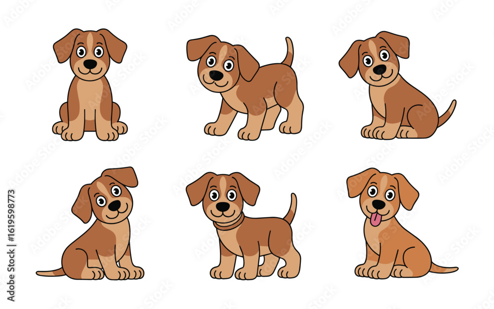 Fototapeta premium Playful Brown and Tan Puppy Cartoon Illustrations Set