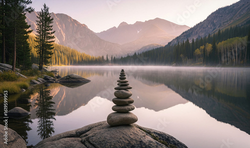 Serene Morning Reflection - Balanced Stone Cairn at Bear Lake, Rocky Mountains with Misty Alpine Scenery