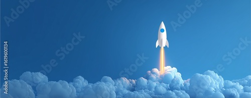 Rocket Ascent: A white rocket soars dramatically into the cerulean expanse, leaving a trail of fiery exhaust and vapor trails through a cloudscape, symbolizing innovation, ambition, and progress.