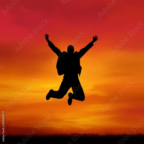 Wallpaper Mural Silhouette of Triumph: An anonymous silhouette leaps joyfully against a vibrant, fiery sunset. Capturing the essence of freedom, ambition, and boundless achievement. Torontodigital.ca