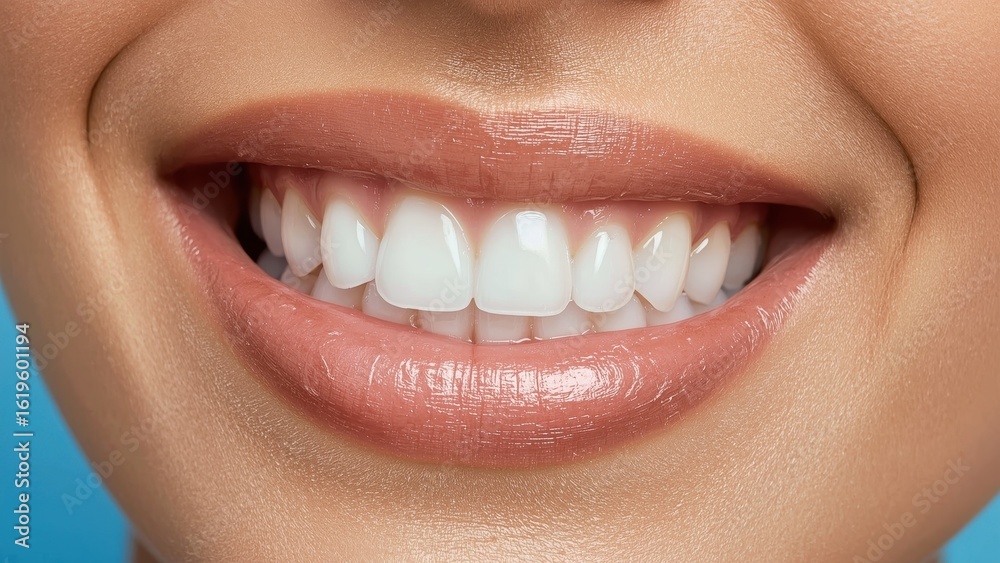 Obraz premium Teeth Whitening Foam. Closeup white teeth smile healthy lips dental ca