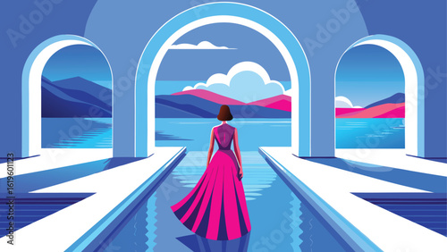 Woman in pink dress gazes at scenic landscape through arches