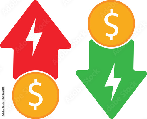 Electricity, energy or utility bill increase and decrease symbol. set of power consumption increase and decrease icon